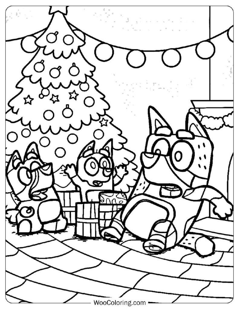 Bluey, Bandit And Chilli Unwrapping Christmas Magic Coloring Sheet