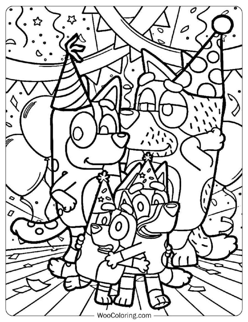 Bluey, Bingo, Bandit, And Chilli’s Party Hat Fun Coloring Page For Preschoolers