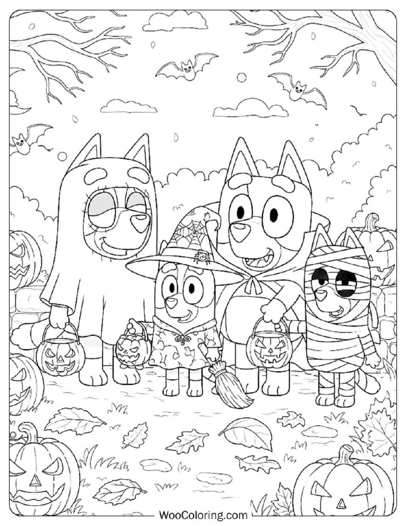 Bluey Family Halloween Night coloring page