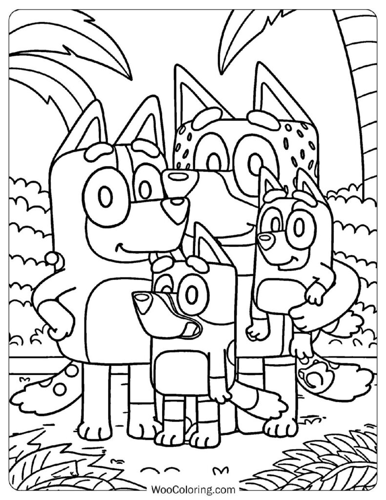 Bluey Family Photo Time with Bandit, Chilli, And Bingo Coloring Page For Kids