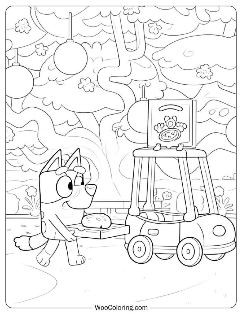 Bluey Food Delivery Coloring Sheet With Toy Car Pizza Stand