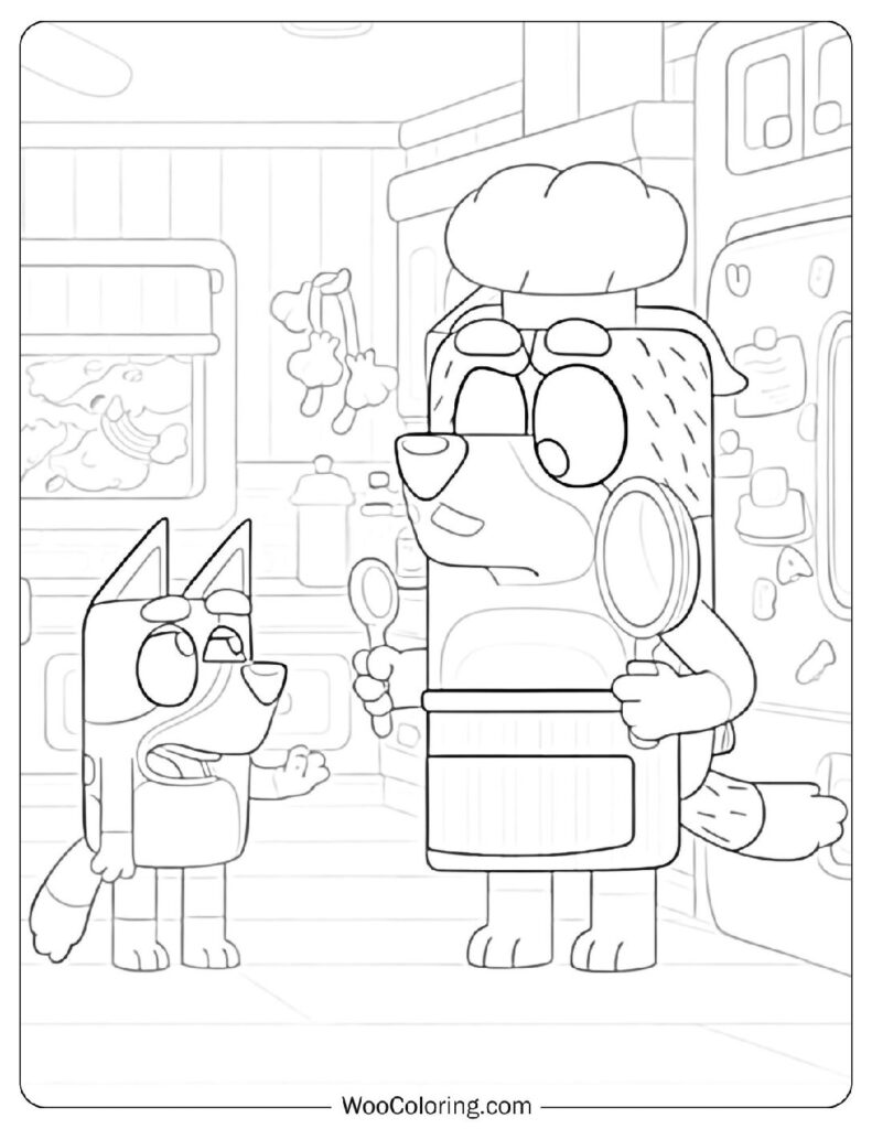 Bluey Kitchen Scene Coloring Page With Bandit In Chef Hat