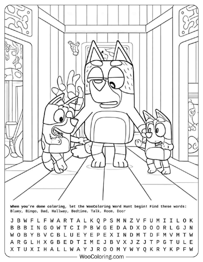 Bluey coloring page with Dad, Bluey and Bingo talking in a hallway before bedtime
