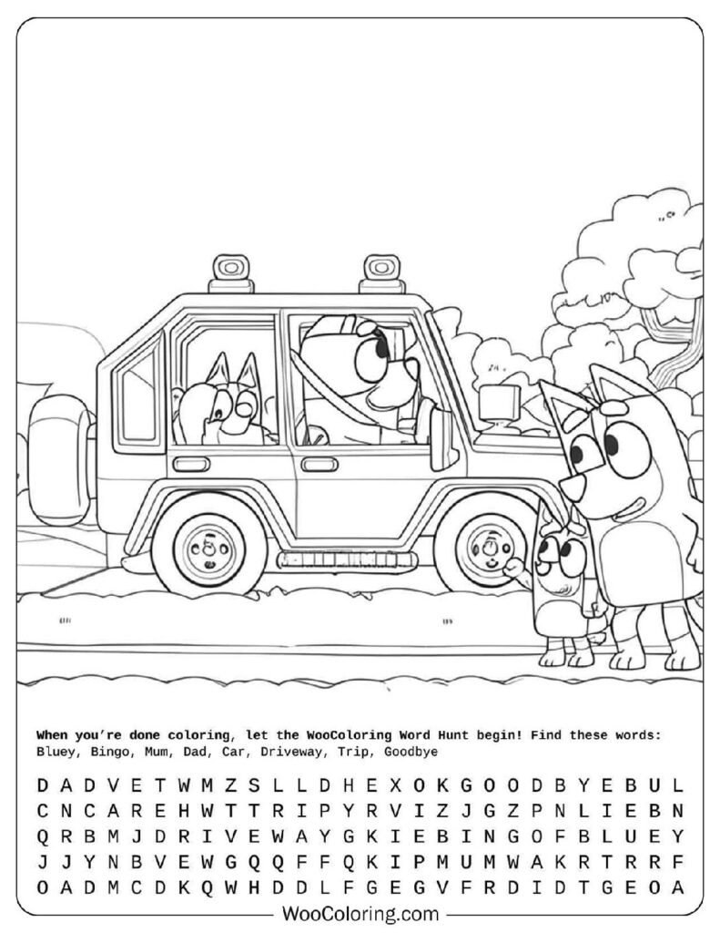 Bluey coloring page with Dad and Bluey driving off while Mum stays home with Bingo