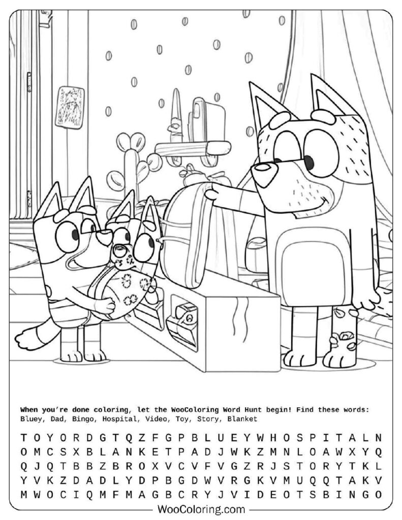 Bluey coloring page with Bluey and Dad creating a video message for Bingo to cheer her up