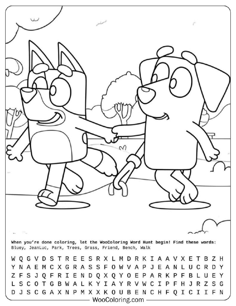 Bluey coloring page with Bluey and Jean-Luc walking together during a camping adventure
