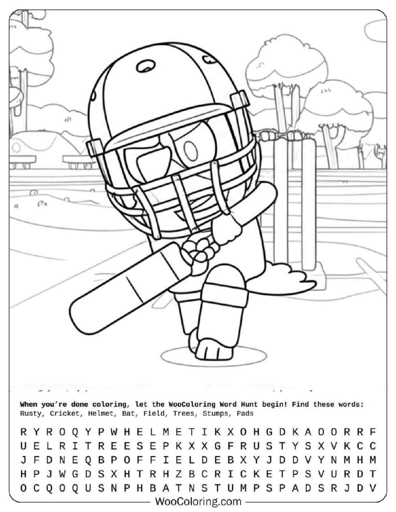 Bluey coloring page with Rusty playing cricket in full gear during a neighborhood match