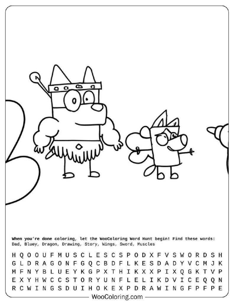 Bluey coloring page with Dad drawing a muscly dragon character for Bluey's story