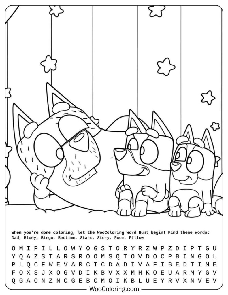 Bluey coloring page with Dad telling Bluey and Bingo a bedtime story full of magic and fun