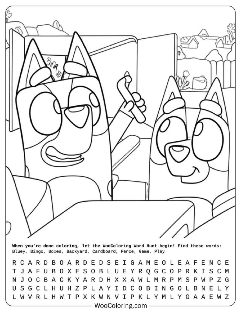 Bluey coloring page with Bluey and Bingo playing with cardboard boxes in the backyard