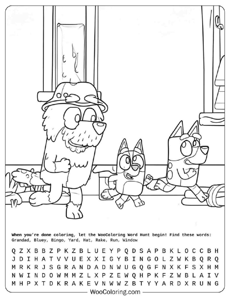 Bluey coloring page with Grandad, Bluey and Bingo running off together on a wild outdoor adventure