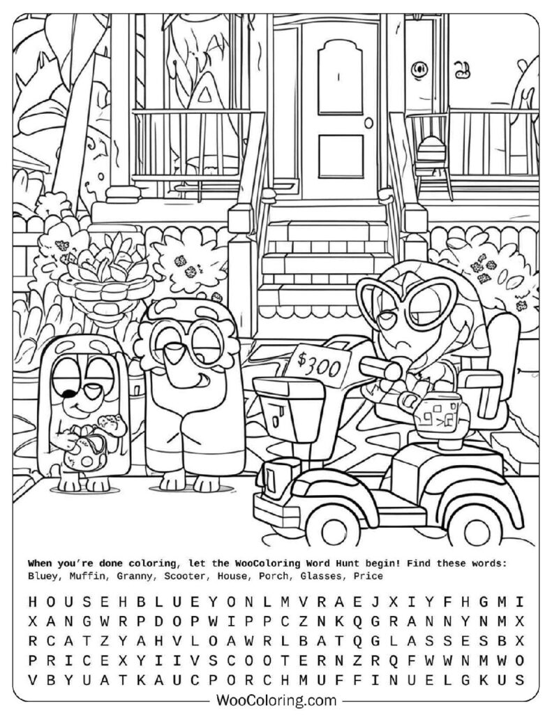 Bluey coloring page with Bluey, Bingo and Muffin at a garage sale with a mobility scooter