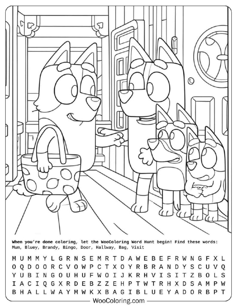 Bluey coloring page with Brandy visiting the Heelers and giving presents to the kids