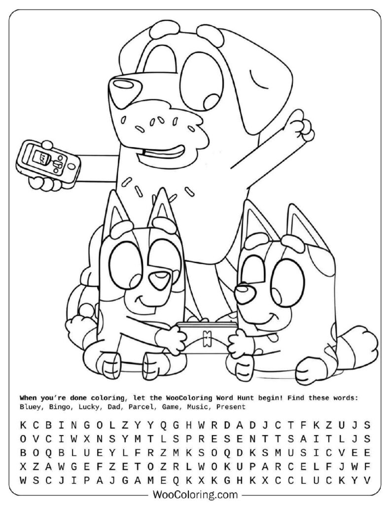 Bluey coloring page with Bluey, Bingo and Lucky’s Dad playing Pass the Parcel together