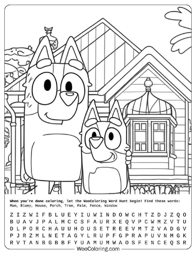Bluey coloring page with Bluey and Mum standing outside the Heeler house on a rainy day