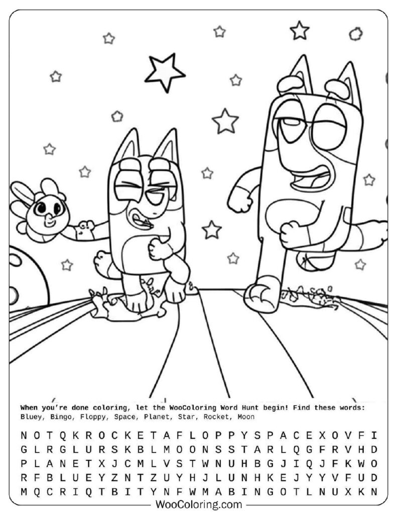 Bluey coloring page with Bingo and Floppy having a space adventure in a dream world