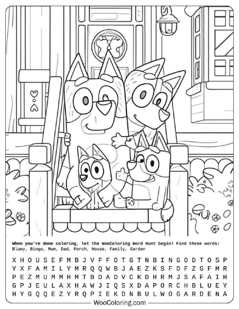 Bluey coloring page with Bluey, Bingo, Mum and Dad preparing for a big family wedding event