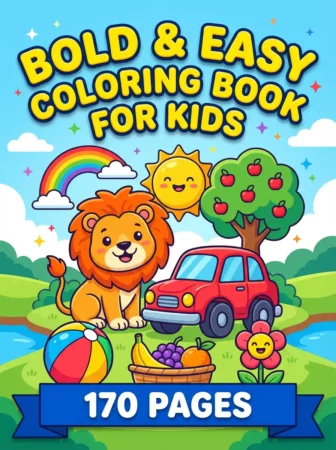 Children’s coloring book cover titled “Bold & Easy Coloring Book for Kids” with a smiling cartoon lion beside a red car, rainbow, happy sun, apple tree, beach ball, fruit basket, and flowers. A blue banner at the bottom reads “170 Pages.”