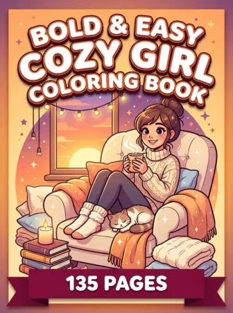 Children’s coloring book cover titled “Bold & Easy Cozy Girl Coloring Book” with a smiling girl relaxing in a soft armchair, holding a warm drink. A sleeping cat, books, candle, pillows, string lights, and a sunset window scene create a cozy atmosphere above a banner reading “135 Pages.”