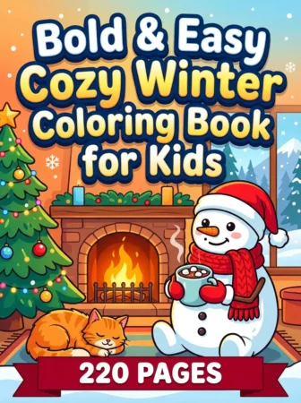Children’s coloring book cover titled “Bold & Easy Cozy Winter Coloring Book for Kids” with a smiling snowman in a red hat and scarf holding a warm drink beside a sleeping orange cat. A Christmas tree, fireplace, snowy window, and red banner reading “220 Pages” create a cozy winter scene.
