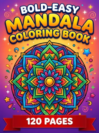 Children’s coloring book cover titled “Bold-Easy Mandala Coloring Book” with a large colorful mandala centered on a bright gradient background. Stars, swirls, dots, and playful confetti-like shapes surround the design, with a red ribbon banner at the bottom reading “120 Pages.”