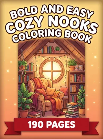 Children’s coloring book cover titled “Bold and Easy Cozy Nooks Coloring Book” with a warm reading corner featuring a cushioned armchair, soft blankets, bookshelves, potted plants, stacked books, string lights, and a round window. A red banner at the bottom reads “190 Pages.”