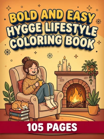 Children’s coloring book cover titled “Bold and Easy Hygge Lifestyle Coloring Book” with a smiling woman relaxing in an armchair, holding a warm drink beside a glowing fireplace. A sleeping cat, candles, books, plants, and a red banner reading “105 Pages” create a cozy scene.