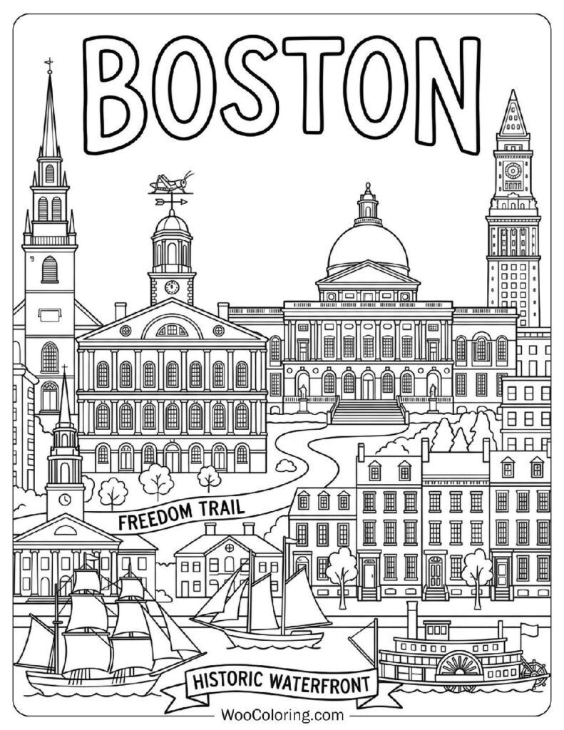 Boston City View with Freedom Trail and Historic Waterfront Coloring Page for Kids