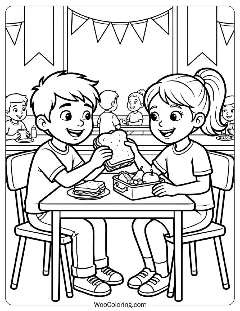 Boy and Girl Sharing Lunch in the School Cafeteria Coloring Picture