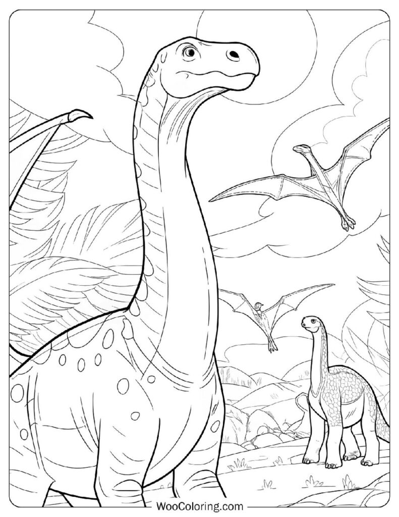 Brachiosaurus and Pterosaurs Sheet To Color