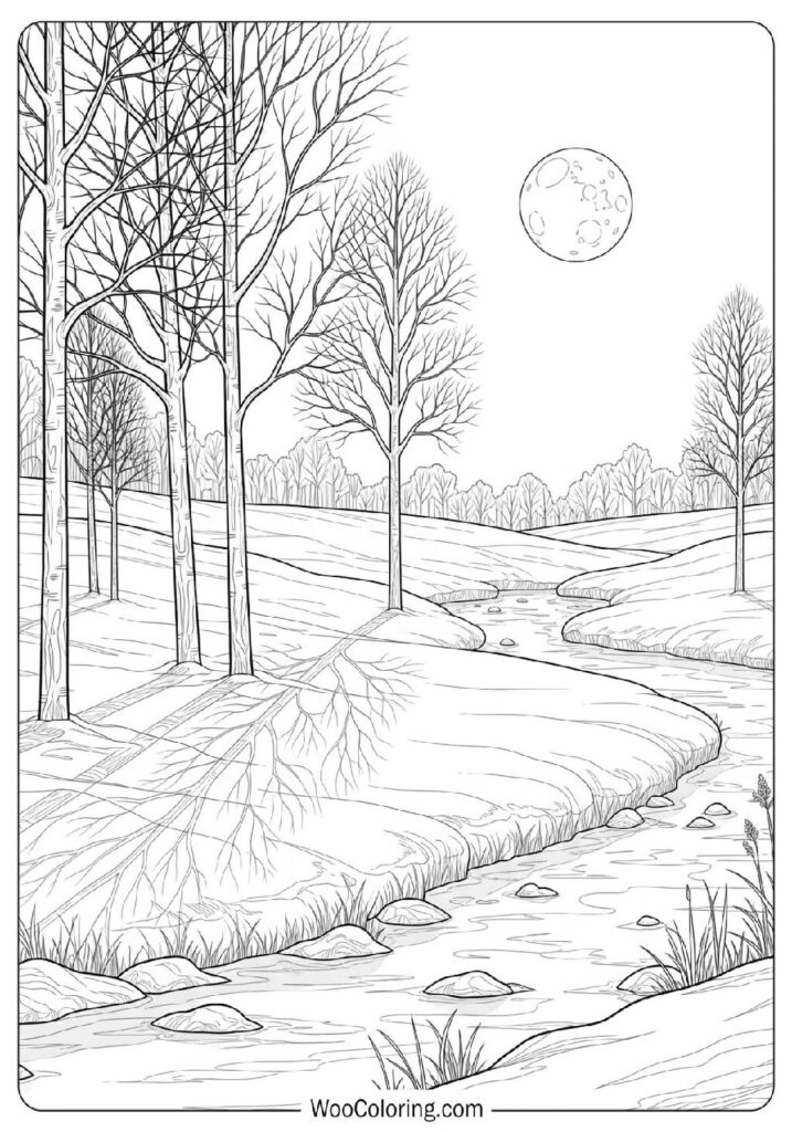 Bright Moonlight Shining on Snowy Ground During a Cold Winter Night