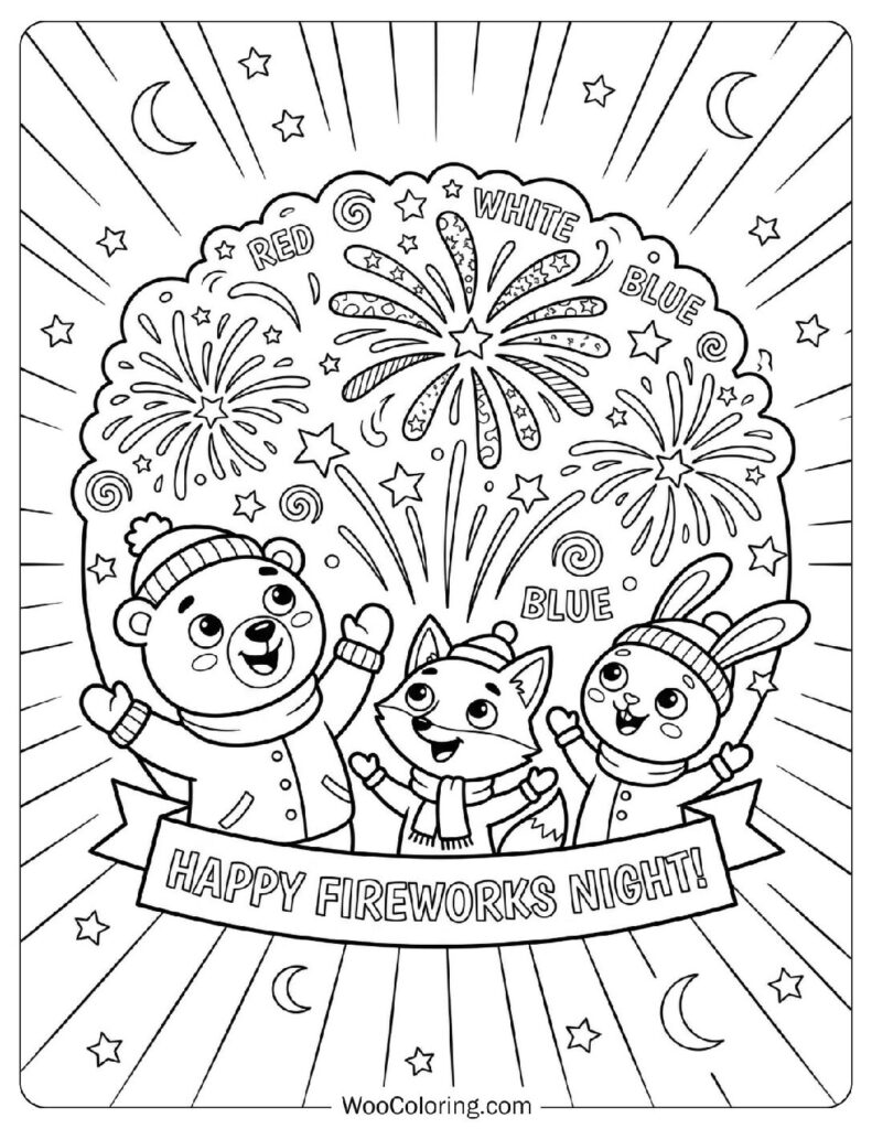 Brightly Lit Night Sky with Red White and Blue Fireworks Coloring Page for Kids