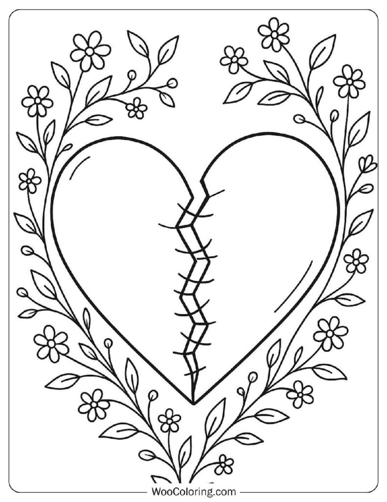 Broken Heart Coloring Page with a Healing Stitches Design