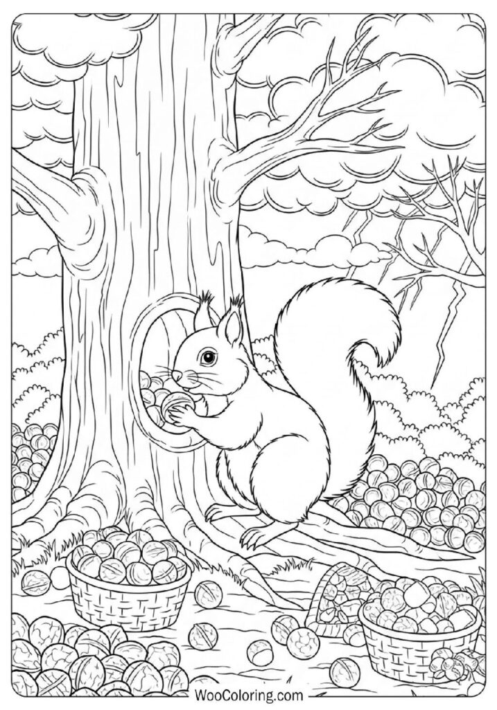 Busy Squirrel Collecting Nuts Before the Arrival of a Cold Winter Storm Coloring Page for Kids