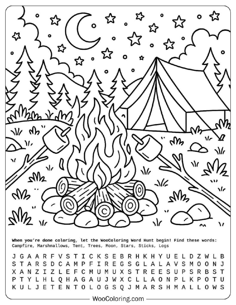 Summer coloring page of tent and campfire with marshmallows under moon and stars in forest
