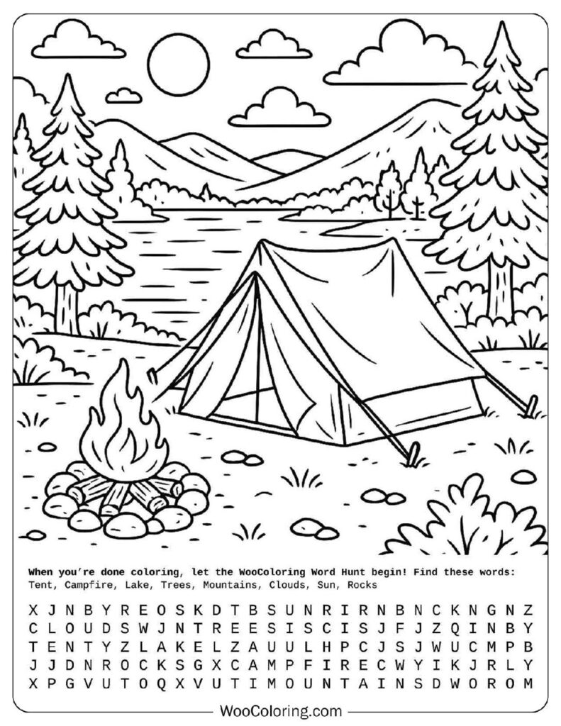 Camping tent and campfire by lake with mountains and trees in peaceful summer coloring page