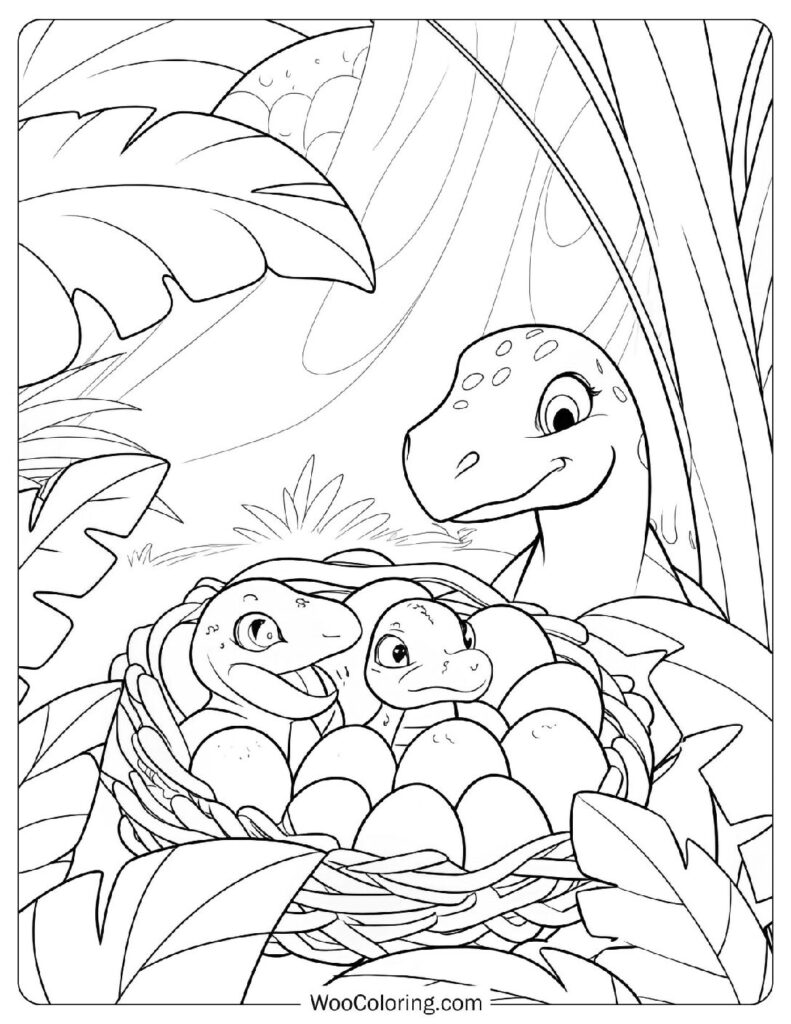 Cartoon Baby Deinonychus Nest with Tiny Hatchlings Coloring Page For Preschoolers