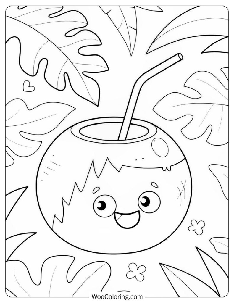Cartoon Coconut Drink With Straw And Exotic Decorations Coloring Sheet For Preschoolers