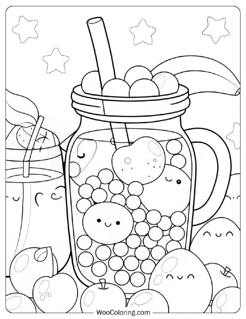 Cartoon Fruits and Boba Tea Yummy Bubble Tea Coloring for Kids