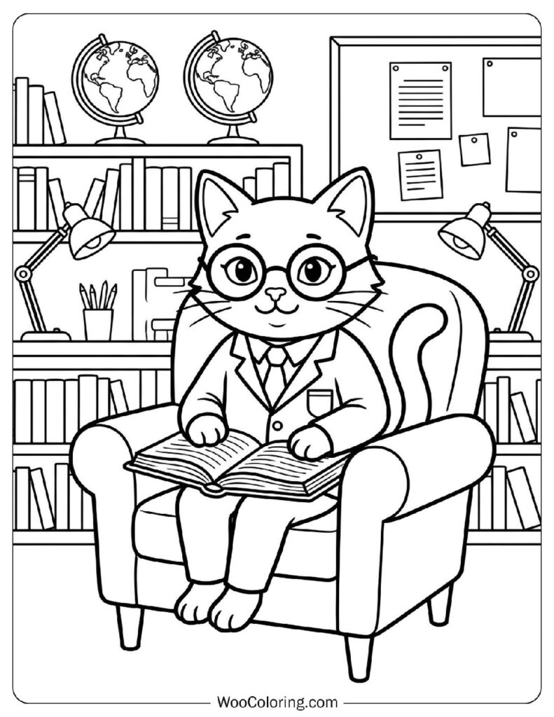 Cat Reading a Book in the School Library Coloring Sheet for Preschoolers