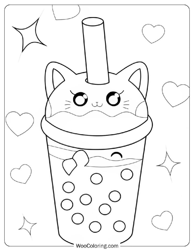 Cat Themed Boba Tea Cup With a Straw Adorable Coloring Sheet for Preschoolers
