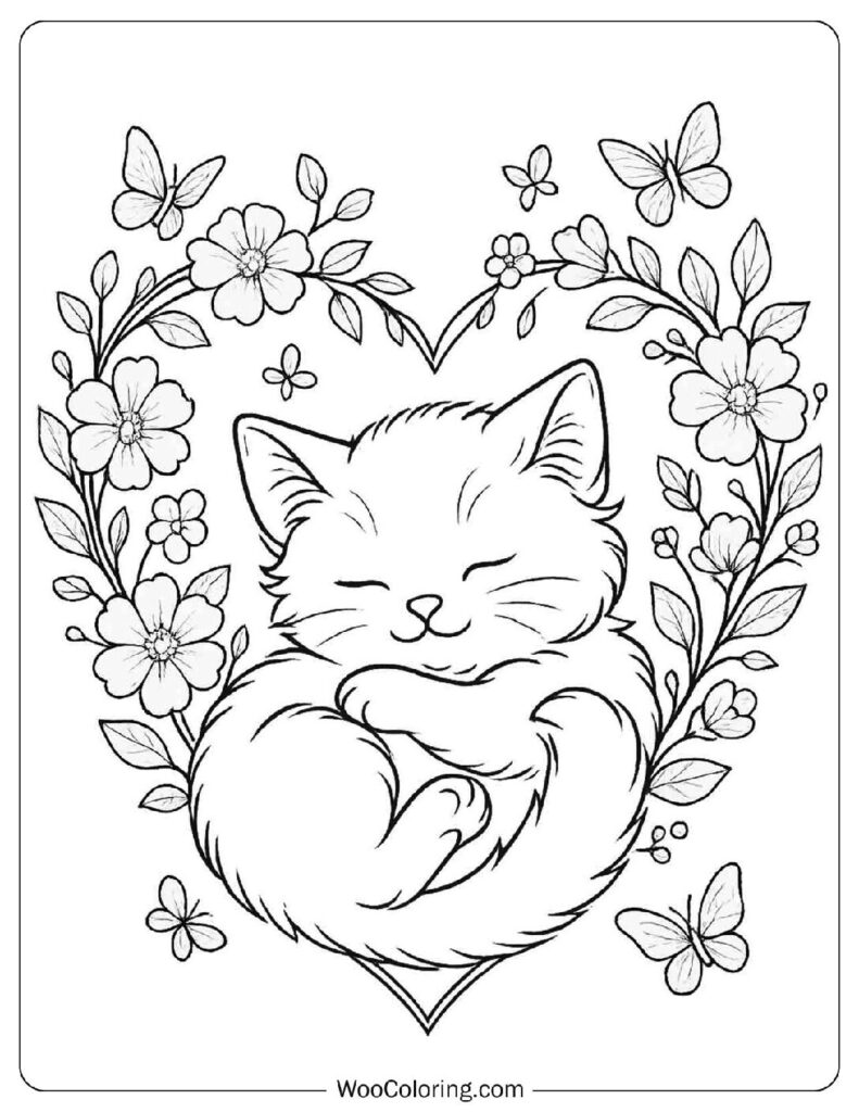 Cat in a Heart Coloring Page