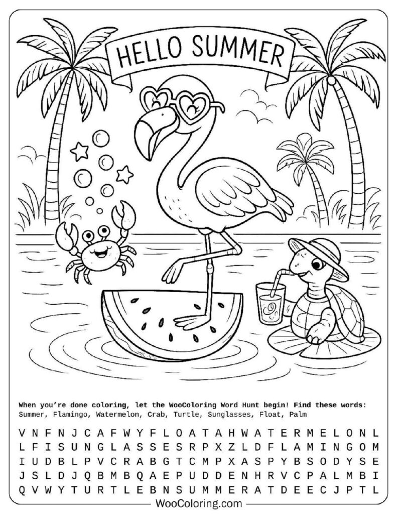 Celebrate a Cute Summer with Flamingo, Turtle, Crab and Watermelon