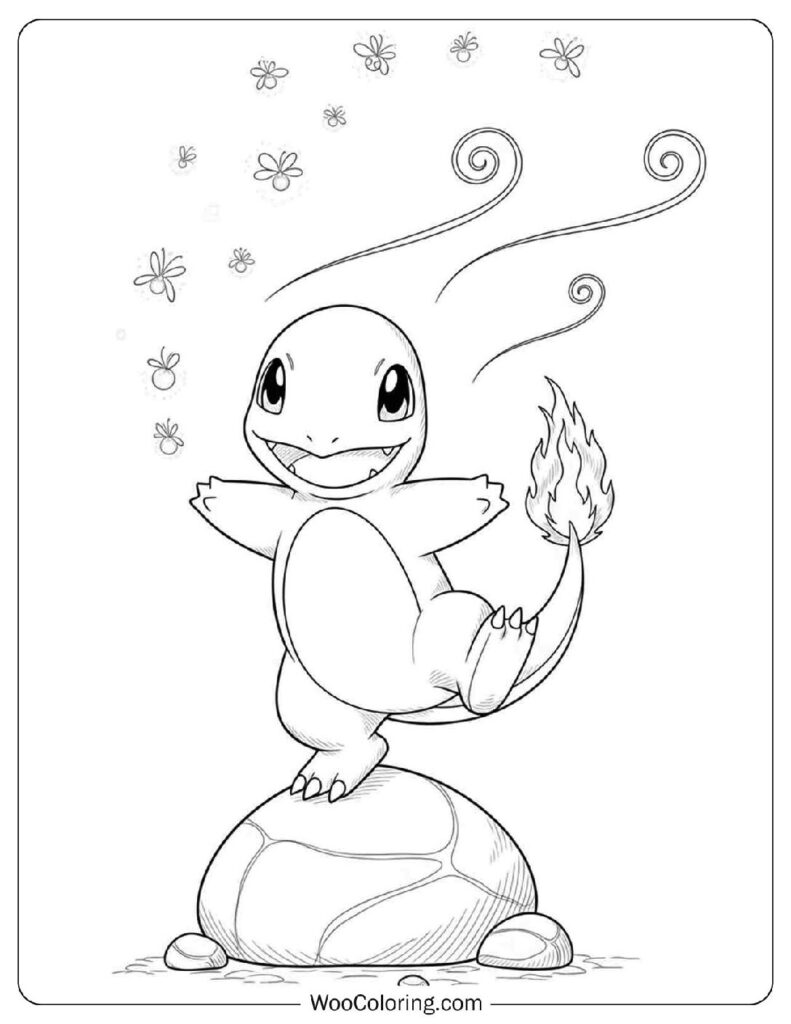 Charmander standing on a rock with happy expression