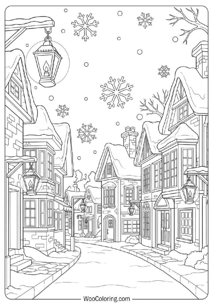 Charming Winter Street Lined with Lanterns Coloring Sheet for Preschoolers
