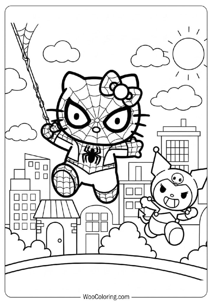 ChatGPT saidHello Kitty Spiderman Chasing Kuromi in a Playful City Adventure Coloring Page for Kids copy