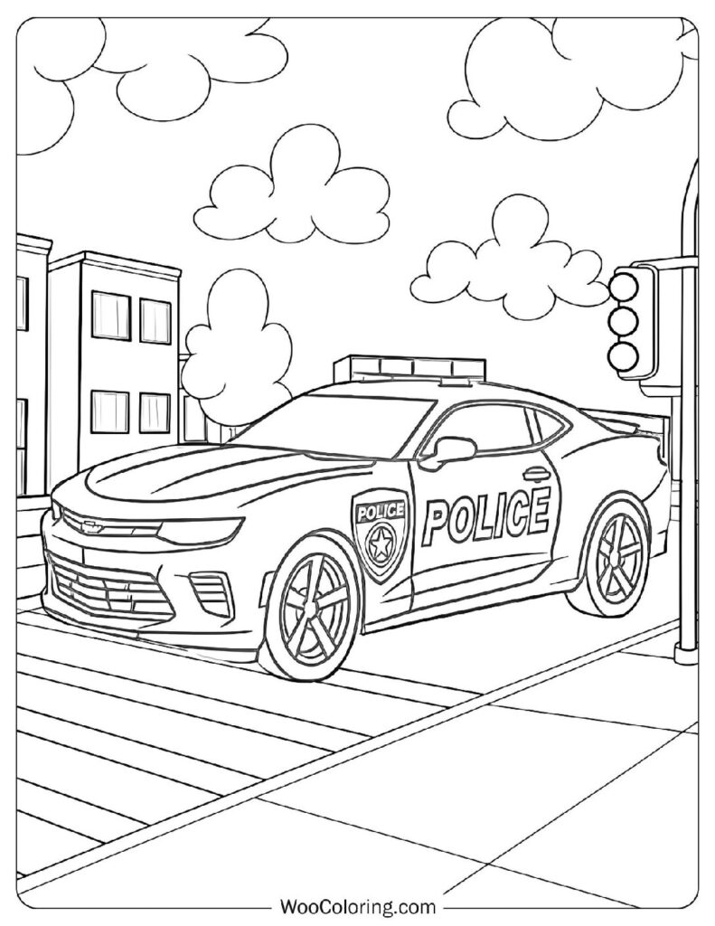 Chevy Camaro ZL1 Police Car Coloring Page For Kids In The City
