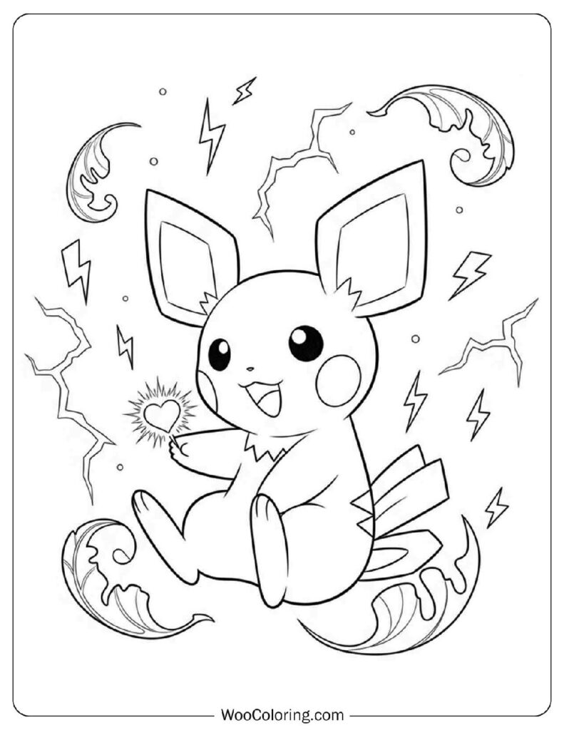 Chibi Baby Pichu with Playful Leaf Curls Coloring Sheet