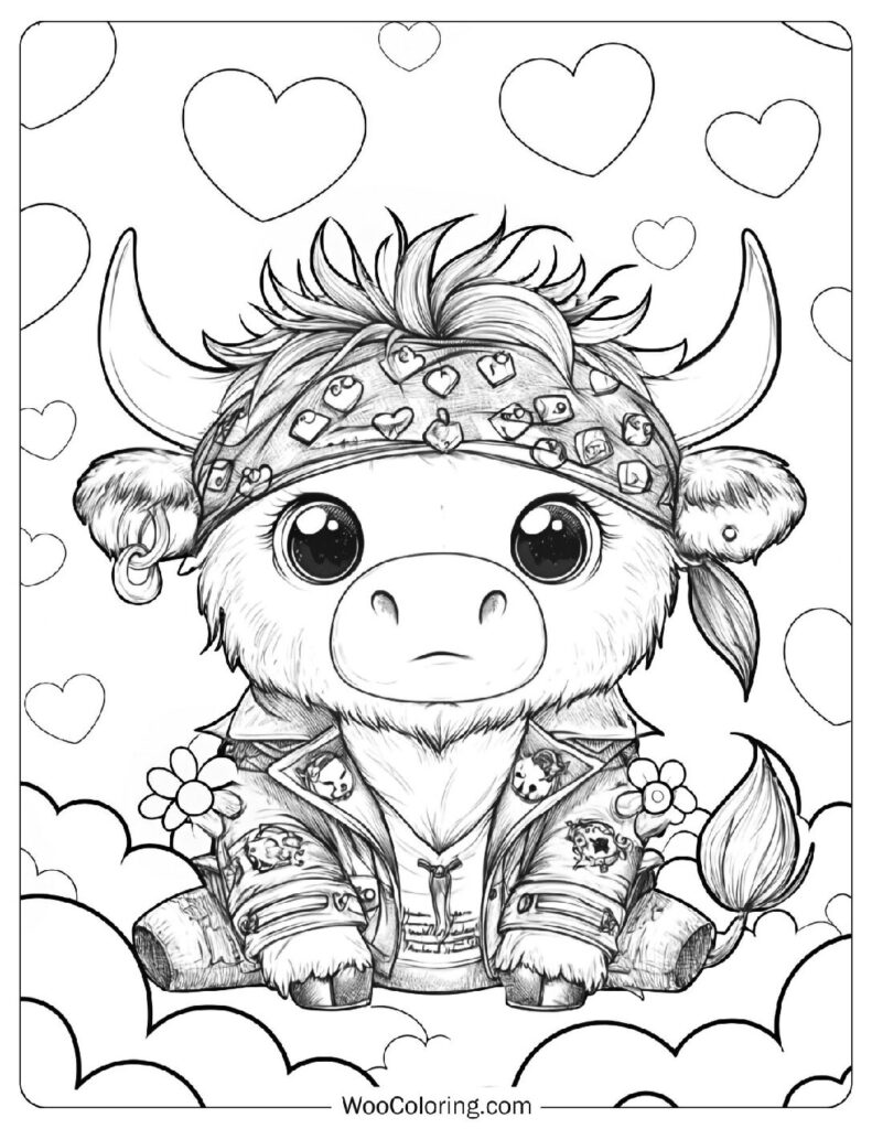 Chibi Cute Baby Cow Coloring Page With Bandana And Jacket