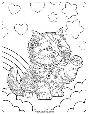 Chibi Kawaii Fluffy Kitten with Cute Background Coloring Page